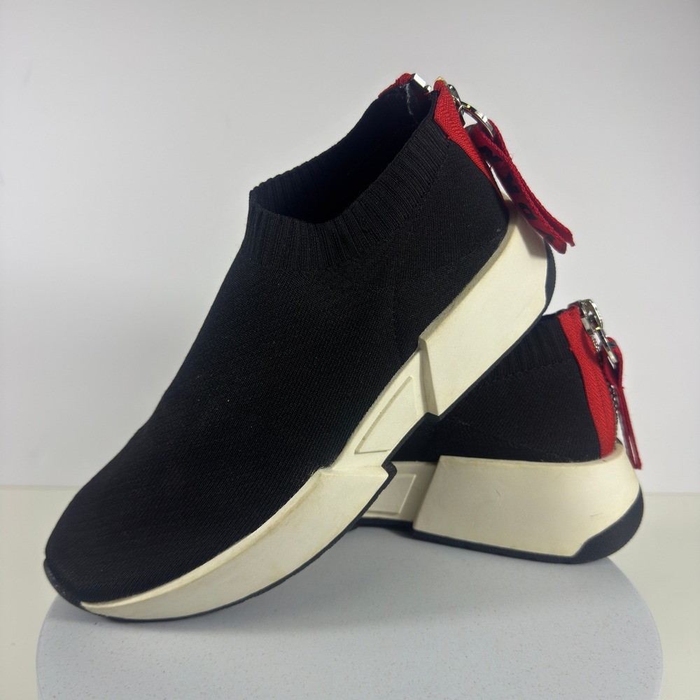 DKNY Womens Black Knit Sock Sneakers Red Zip Back Platform Shoes Logo Pull Tab 7